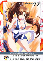 Rule 34 | 1girl, bare shoulders, between breasts, breasts, brown eyes, brown hair, cleavage, collarbone, fatal fury, hand fan, highres, holding, izumi mahiru, large breasts, long hair, ninja, non-web source, official art, open mouth, pelvic curtain, ponytail, queen&#039;s blade, queen&#039;s gate, revealing clothes, scan, shiranui mai, simple background, solo, the king of fighters