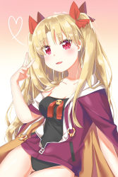 Rule 34 | 1girl, absurdres, aro 1801, artist name, bare shoulders, black one-piece swimsuit, blonde hair, blush, bow, breasts, cleavage, collarbone, ereshkigal (fate), fate/grand order, fate (series), hair ornament, heart, highres, jacket, jewelry, long hair, looking at viewer, medium breasts, one-piece swimsuit, open mouth, parted bangs, purple jacket, red bow, red eyes, skull, solo, strapless, strapless one-piece swimsuit, swimsuit, two side up, v