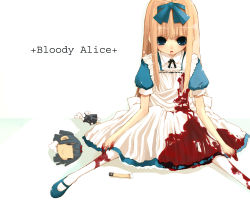 Rule 34 | 1girl, alice (alice in wonderland), alice in wonderland, blood, bow, decapitation, doll, mary janes, original, pantyhose, severed head, shoes, solo, tukimiti, white pantyhose