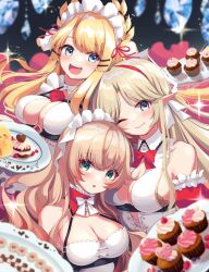 Rule 34 | 3girls, aisu (i ce pinon pino), aqua eyes, azur lane, bare shoulders, bird, blonde hair, blue eyes, blush, bow, bowtie, breasts, brest (azur lane), candy, checkerboard cookie, cherry, chick, chocolate, chocolate heart, cleavage, cookie, cupcake, dress, food, frilled dress, frilled headwear, frills, fruit, hair ornament, hairband, hairclip, heart, highres, holding, holding plate, howe (azur lane), large breasts, long hair, looking at viewer, manjuu (azur lane), multiple girls, one eye closed, open mouth, parted bangs, parted lips, plate, pointy ears, red bow, red bowtie, red hairband, smile, swept bangs, upper body, victorious (azur lane), white bow, white bowtie, white dress
