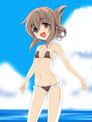 Rule 34 | 1girl, bikini, blue sky, brown bikini, brown eyes, brown hair, cloud, commentary request, contrapposto, cowboy shot, day, folded ponytail, frilled bikini, frills, hakkai, highres, inazuma (kancolle), kantai collection, long hair, looking at viewer, outdoors, sky, solo, standing, swimsuit