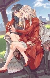 Rule 34 | 2girls, arm guards, bare legs, blue hair, byleth (female) (fire emblem), byleth (fire emblem), couple, dress, edelgard von hresvelg, fire emblem, fire emblem: three houses, happy, high heels, highres, jewelry, long hair, multiple girls, nintendo, open hand, pantyhose, radiostarkiller, red footwear, ring, scar, scar on leg, silver hair, sitting, sitting on lap, sitting on person, smile, sparkle, wedding ring, wife and wife, yuri