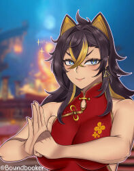 Rule 34 | 1girl, alternate costume, bare arms, bare shoulders, black hair, blue eyes, blurry, blurry background, booker (boundbooker), breasts, china dress, chinese clothes, commentary request, dehya (genshin impact), dress, fang, fang out, genshin impact, hair intakes, highres, large breasts, long hair, looking at viewer, night, night sky, outdoors, pointy hair, red dress, sky, sleeveless, sleeveless dress, smile, solo, upper body