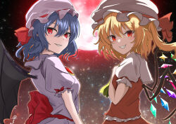 Rule 34 | 2girls, absurdres, ascot, back bow, bat wings, black wings, blonde hair, blue hair, blush, bow, breasts, brooch, cowboy shot, crystal, flandre scarlet, frilled shirt collar, frilled sleeves, frills, from side, glowing, grin, hair between eyes, hand on own chest, hat, hat ribbon, highres, jewelry, large bow, long hair, looking at viewer, looking to the side, medium hair, mob cap, moon, multicolored wings, multiple girls, night, night sky, one side up, open mouth, outdoors, pink headwear, pink shirt, pink skirt, puffy short sleeves, puffy sleeves, red bow, red brooch, red eyes, red moon, red ribbon, red skirt, red vest, remilia scarlet, ribbon, shirt, short sleeves, siblings, sisters, skirt, sky, sleeve ribbon, small breasts, smile, star (sky), starry sky, tohojon3, touhou, vest, white headwear, wings, yellow ascot