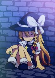 Rule 34 | 1girl, apron, black footwear, black hat, black skirt, black vest, blonde hair, bow, boxcutter, braid, brick floor, brick wall, closed eyes, closed mouth, commentary request, cookie (touhou), full body, hair bow, hat, hat bow, holding, holding boxcutter, kirisame marisa, long hair, nahori (hotbeans), puffy short sleeves, puffy sleeves, red bow, shaded face, shirt, shoes, short sleeves, side braid, single braid, sitting, skirt, skirt set, smile, socks, solo, suzu (cookie), touhou, turtleneck, very long hair, vest, waist apron, white apron, white bow, white shirt, white socks, witch hat