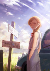 Rule 34 | 1girl, absurdres, bare arms, blonde hair, braid, building, car, cloud, day, feathers, hair ornament, hair ribbon, hairclip, hands in pockets, highres, looking at viewer, motor vehicle, original, post, ribbon, romiy, sign, signpost, sky, solo, twin braids, vehicle