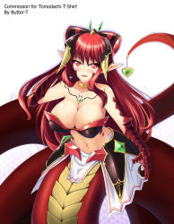 Rule 34 | 1girl, arm behind head, blush, bra, breasts, butter-t, choker, claws, cleavage, hair ornament, jewelry, lamia, large breasts, long hair, looking at viewer, midriff, monster girl, navel, original, pointy ears, red eyes, red hair, scales, sidelocks, simple background, smile, solo, text focus, underwear