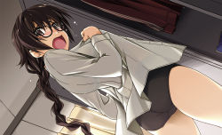Rule 34 | 1girl, ass, bad id, bad pixiv id, blush, braid, brown eyes, brown hair, embarrassed, glasses, long hair, looking at viewer, open mouth, shikei, solo