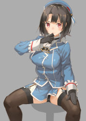 Rule 34 | 1girl, ascot, beret, black gloves, black hair, black panties, black thighhighs, blue hat, blush, breasts, chair, garter straps, gloves, gradient background, grey background, hat, highres, jonsun, kantai collection, large breasts, lips, long sleeves, looking at viewer, military, military uniform, miniskirt, panties, red eyes, short hair, sitting, skirt, solo, spread legs, takao (kancolle), thighhighs, underwear, uniform, white ascot