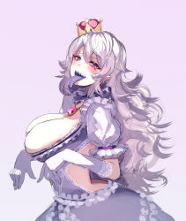 Rule 34 | 1girl, back cutout, blush, breasts, cleavage, clothing cutout, crown, dress, gloves, hair between eyes, highres, jewelry, kikimifukuri, large breasts, long hair, looking at viewer, luigi&#039;s mansion, mario (series), necklace, nintendo, open mouth, pale skin, pink background, princess king boo, puffy short sleeves, puffy sleeves, purple eyes, sharp teeth, short sleeves, silver hair, simple background, solo, standing, super crown, teeth, tongue, tongue out, very long hair, white dress, white gloves