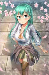 Rule 34 | 10s, 1girl, absurdres, aqua eyes, aqua hair, blush, breasts, brick floor, brown thighhighs, cherry blossoms, clothes around waist, collarbone, from above, grass, green skirt, hair ornament, hairclip, hand on own hip, highres, jacket, jacket around waist, unworn jacket, kantai collection, large breasts, long hair, looking at viewer, looking up, neckerchief, nedia (nedia region), orange neckerchief, outdoors, pavement, pleated skirt, shadow, skirt, sleeves rolled up, smile, solo, straight hair, suzuya (kancolle), thighhighs, tongue, tongue out, walking