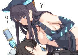 Rule 34 | 1boy, 1girl, black hair, black shirt, blue eyes, blush, breasts, brown hair, constricted pupils, dress, elbow gloves, fate/grand order, fate (series), fujimaru ritsuka (male), fujimaru ritsuka (male) (polar chaldea uniform), gloves, green eyes, holding, holding rattle, large breasts, long hair, pacifier, rattle, revealing clothes, shirt, shiseki hirame, short hair, sideboob, sidelocks, simple background, steam, translation request, white background, yang guifei (fate), yang guifei (third ascension) (fate)