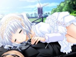 Rule 34 | 1boy, 1girl, blush, choker, closed eyes, clothes lift, cloud, couple, cowboy shot, criss-cross halter, day, dress, dress lift, frilled dress, frills, from side, game cg, grass, hairband, halterneck, hand on another&#039;s chest, hetero, hime lolita, jacket, jewelry, lolita fashion, lolita hairband, long sleeves, lying, lying on person, miu (triptych), nayuta (triptych), necklace, nimura yuuji, on back, on person, on stomach, open clothes, open jacket, outdoors, parted lips, puffy long sleeves, puffy sleeves, raised eyebrows, ribbon, ribbon-trimmed dress, ribbon trim, saiga (company), shirt, short hair, skull print, sky, sleeping, solo focus, tan, tree, triptych, white dress, white hair, windmill