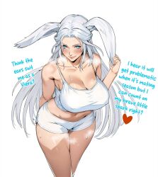 Rule 34 | 1girl, alternate species, animal ears, blue eyes, breasts, cleavage, crop top, english text, final fantasy, final fantasy xiv, jamjamstyle, large breasts, legs together, looking at viewer, rabbit ears, short shorts, shorts, smile, solo, steaming body, sweat, tank top, venat (ff14), viera, white shorts