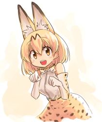 Rule 34 | 10s, 1girl, animal ears, bare shoulders, blonde hair, bow, bowtie, cat ears, elbow gloves, gloves, kemono friends, looking at viewer, open mouth, panzuban, paw pose, serval (kemono friends), serval print, short hair, simple background, skirt, sleeveless, smile, solo