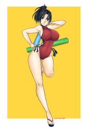 Rule 34 | 1girl, black hair, breasts, brown eyes, highres, large breasts, namco, one-piece swimsuit, ponytail, red one-piece swimsuit, sideboob, soul calibur, swimsuit, taki (soulcalibur)