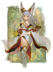 Rule 34 | 1girl, animal ears, blunt bangs, border, breasts, cat ears, daible, detached sleeves, flower, highres, holding, holding flower, long hair, looking at viewer, nia (blade) (xenoblade), nia (xenoblade), painterly, small breasts, solo, thighhighs, white border, white thighhighs, xenoblade chronicles (series), xenoblade chronicles 2, yellow eyes
