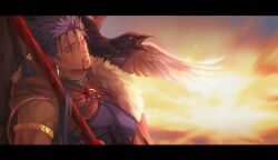 Rule 34 | 1boy, animal, animal on shoulder, armor, bird, bird on shoulder, black bird, blood, blood from mouth, blood on clothes, blood on face, bloody tears, cape, commentary, crow, cu chulainn (fate), death, earrings, english commentary, fate/grand order, fate (series), gravesecrets, highres, holding, holding polearm, holding weapon, jewelry, large pectorals, leather armor, letterboxed, light particles, long hair, male focus, mature male, open mouth, pectorals, polearm, purple hair, solo, weapon