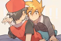 Rule 34 | 2boys, baseball cap, blue oak, blush, brown eyes, brown hair, brown pants, closed mouth, collarbone, commentary, creatures (company), game freak, green pants, grey jacket, hat, jacket, jewelry, long sleeves, looking at another, male focus, multiple boys, necklace, nintendo, orange hair, pants, pokemon, pokemon hgss, rata (m40929), red (pokemon), red headwear, short hair, short sleeves, spiked hair