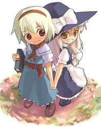 Rule 34 | 2girls, alice margatroid, blonde hair, blush, book, bow, female focus, grin, holding hands, hat, interlocked fingers, kirisame marisa, multiple girls, open mouth, smile, touhou, urara (ckt), witch, witch hat