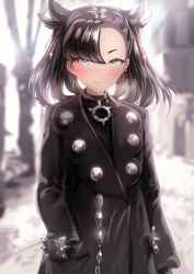 Rule 34 | 1girl, alternate costume, aqua eyes, arm at side, asymmetrical bangs, black coat, black hair, blurry, blurry background, blush, closed mouth, coat, commentary request, cowboy shot, creatures (company), day, depth of field, earrings, game freak, hair ribbon, hand in pocket, highres, jewelry, long hair, long sleeves, looking at viewer, marnie (pokemon), nintendo, outdoors, pokemon, pokemon swsh, red ribbon, ribbon, single earring, smile, solo, twintails, twitter username, uenoryoma