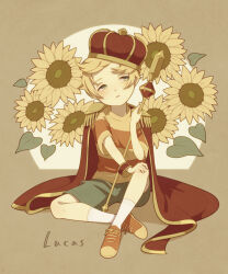 Rule 34 | 1boy, blonde hair, blush, brown background, cape, character name, crown, flower, grey eyes, grey shorts, hand on own knee, highres, holding, holding scepter, knee up, lucas (mother 3), male focus, mother (game), mother 3, nintendo, parted lips, red cape, scepter, shifumame, shirt, short hair, shorts, sitting, socks, solo, striped clothes, striped shirt, sunflower, white socks
