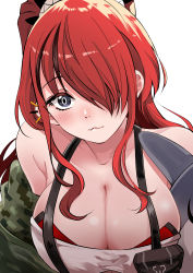 Rule 34 | 1girl, absurdres, bare shoulders, black eyes, black hair, blush, breasts, cleavage, commentary request, hair over one eye, head tilt, highres, lain paterson, lain paterson (1st costume), large breasts, long hair, looking at viewer, multicolored hair, nijisanji, off shoulder, pouch, red hair, sakayama shinta, simple background, solo, strapless, streaked hair, suspenders, tube top, upper body, virtual youtuber, white background