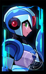 Rule 34 | 1boy, android, arm cannon, arm up, armor, artist logo, blue armor, blue helmet, commentary request, forehead jewel, from side, green eyes, helmet, looking at viewer, male focus, mega man (series), mega man x (series), profile, shoulder armor, solo, upper body, weapon, x (mega man), x buster, yanfiregreen