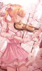 Rule 34 | 1girl, absurdres, ahoge, blonde hair, blue eyes, bow (music), cherry blossoms, collarbone, commentary request, cowboy shot, day, highres, holding, holding instrument, holding violin, huge filesize, instrument, long hair, long sleeves, looking away, looking to the side, miyazono kawori, music, outdoors, petals, pink skirt, playing instrument, ponytail, ribbon, shigatsu wa kimi no uso, shirt, skirt, solo, tokkyu, violin