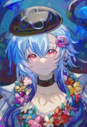 Rule 34 | 1boy, absurdres, arknights, black hat, blue flower, blue hair, closed mouth, collarbone, commentary, eyebrows hidden by hair, flower, flower wreath, green-yan, hair between eyes, hat, highres, infection monitor (arknights), jellyfish hair ornament, long hair, looking at viewer, male focus, mizuki (arknights), mizuki (summer feast) (arknights), pink eyes, pink flower, purple flower, red flower, shirt, smile, solo, tentacles, upper body, white flower, white shirt, yellow flower