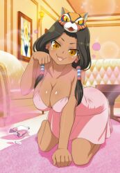 Rule 34 | 1girl, :3, barefoot, black hair, blush, bottle, bow, breasts, brown eyes, chair, chemise, collarbone, couch, dark-skinned female, dark skin, earrings, fangs, fukutama teitoku, hair ornament, indoors, jewelry, large breasts, light particles, liquid, looking at viewer, mask, mask on head, matsuri (senran kagura), native american, official art, on floor, open mouth, painting (object), paw pose, pink bow, potion, rug, senran kagura, senran kagura new wave, slit pupils, smile, solo, sparkle, strap slip, table, tiger mask (object), twintails, vial, wall lamp, whiskers, yaegashi nan, yellow eyes