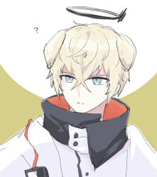 Rule 34 | 1boy, ?, animal ears, arknights, blonde hair, blue eyes, commentary request, crossed bangs, dog ears, executor (arknights), frown, halo, high collar, jacket, looking at viewer, male focus, sketch, solo, soppos, two-tone background, upper body, white background, white jacket, yellow background