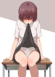 Rule 34 | 1girl, absurdres, bad id, bad pixiv id, blush, braid, brown eyes, clothes lift, desk, french braid, hair over eyes, highres, lifted by self, looking at viewer, mouth hold, original, panties, school desk, school uniform, short hair, simple background, sitting, skirt, skirt lift, solo, tuskryo, underwear, white panties