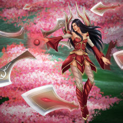 Rule 34 | 1girl, adapted costume, armor, bad id, bad pixiv id, black hair, blade, breasts, cherry blossoms, detached sleeves, energy ball, irelia, league of legends, leg armor, long hair, navel, quiet1010, red eyes, solo, tree, weapon