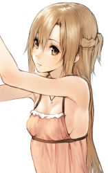 Rule 34 | 10s, 1girl, arm up, armpits, arms up, asuna (sao), bare shoulders, breasts, brown eyes, brown hair, half updo, jewelry, long hair, makimura shunsuke, necklace, sideboob, sketch, solo, sword art online, upper body, white background