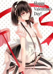 Rule 34 | 1boy, absurdres, bell, brown eyes, brown hair, chocolate, crossdressing, english text, fuuchouin kazuki, getbackers, glasses, happy valentine, heart, highres, long hair, maid, maid headdress, male focus, mop, open mouth, papillon10, red eyes, solo, striped clothes, striped thighhighs, thighhighs, trap, valentine, very long hair