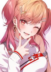 Rule 34 | 1girl, bare shoulders, blush, breasts, hair ornament, hololive, hololive dev is, ichijou ririka, large breasts, long hair, multicolored hair, nail polish, one eye closed, open mouth, pink hair, pink nails, regloss, smile, solo, swept bangs, two-tone hair, upper body, virtual youtuber, zattape