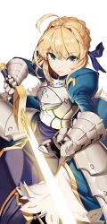 Rule 34 | 1girl, ahoge, armor, artoria pendragon (all), artoria pendragon (fate), blonde hair, blue ribbon, braid, breastplate, emil (dnjsrl63), excalibur (fate/stay night), fate/stay night, fate (series), faulds, gauntlets, green eyes, hair between eyes, hair intakes, hair ribbon, highres, holding, holding sword, holding weapon, juliet sleeves, long sleeves, looking at viewer, parted lips, puffy sleeves, ribbon, saber (fate), short hair with long locks, simple background, smile, solo, sword, weapon, white background