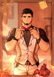 Rule 34 | 1boy, absurdres, alternate costume, baimeme, bara, beard, black hair, bow, bowtie, cowboy shot, dressing, dungeon and fighter, ear piercing, facial hair, highres, looking at mirror, looking at viewer, male focus, male priest (dungeon and fighter), mature male, mirror, mirror image, piercing, red bow, red bowtie, short hair, sleeves rolled up, smile, solo, thick eyebrows, valentine, vest, watch, white vest, wristwatch