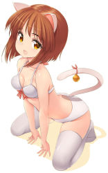 Rule 34 | 1girl, :d, animal ears, bare shoulders, bell, bra, breasts, brown hair, cat ears, cat tail, cleavage, fang, kneeling, open mouth, original, panties, smile, solo, tail, tail bell, tail ornament, thighhighs, underwear, underwear only, white bra, white panties, white thighhighs, yellow eyes, zizi (zz22)
