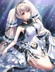 Rule 34 | 1girl, azur lane, bad id, bad pixiv id, bare shoulders, black choker, black sailor collar, bow, breasts, bridal gauntlets, choker, clothing cutout, dress, dress bow, dress flower, elbow gloves, feather dress, formidable (azur lane), formidable (timeless classics) (azur lane), gloves, hair ornament, highres, kiki-yu, large breasts, long hair, looking at viewer, navel cutout, official alternate costume, platinum blonde hair, red eyes, sailor collar, seiza, sitting, skirt hold, sleeveless, sleeveless dress, solo, twintails, two-tone dress, two-tone ribbon, veil, very long hair, white dress, white gloves