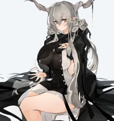 Rule 34 | 1girl, arknights, black cloak, blush, breasts, brown eyes, buttons, cloak, closed mouth, commentary, demon horns, double-breasted, dress, grey background, hair between eyes, hand on own chest, highres, horns, lap pillow invitation, large breasts, light smile, long hair, looking at viewer, mikozin, pointy ears, shining (arknights), short dress, silver hair, simple background, sitting, solo, thighs, white dress
