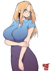 Rule 34 | 1girl, absurdres, artist name, bangs pinned back, black bra, blonde hair, blue eyes, blue shirt, bra, bra peek, breasts, collared shirt, commentary, cowboy shot, curvy, dress shirt, earrings, english commentary, folded hair, glasses, hair pulled back, highres, inne sulistya robin, jewelry, large breasts, legs together, norman maggot, original, purple skirt, shirt, short sleeves, sidelocks, skirt, solo, standing, straining buttons, stud earrings, taut clothes, taut shirt, teacher, underwear