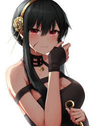 Rule 34 | 1girl, absurdres, bare shoulders, black gloves, black hair, blood, blood on face, blush, breasts, closed mouth, crying, dagger, earrings, fingerless gloves, flower, glint, gloves, gold earrings, gold hairband, hair between eyes, hair flower, hair ornament, hairband, hand up, highres, holding, holding dagger, holding knife, holding weapon, jewelry, knife, large breasts, long hair, pepushi drow, raised eyebrows, red eyes, rose, sidelocks, simple background, solo, spikes, spy x family, tears, upper body, weapon, white background, wiping tears, yor briar