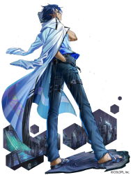 Rule 34 | 1boy, black gloves, blue hair, blue pants, book, character request, coat, coat on shoulders, collared coat, dark-skinned male, dark skin, floating clothes, from behind, glasses, gloves, hand on own hip, holding, holding book, honeycomb (pattern), kiba tori, looking at viewer, looking back, mahou tsukai to kuroneko no wiz, male focus, open clothes, open coat, pants, rain, sandals, short hair, sideways glance, simple background, solo, tachi-e, white background, white coat