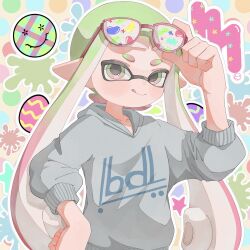 Rule 34 | 1girl, :q, commentary request, eyewear on head, glasses, gradient hair, green eyes, green hair, grey sweater, hand on own hip, highres, inkling, inkling girl, inkling player character, long hair, looking at viewer, multicolored background, multicolored hair, nintendo, pink eyes, pink hair, po ta 24, pointy ears, print sweater, red-framed eyewear, solo, splatoon (series), sweater, tentacle hair, thick eyebrows, tongue, tongue out, two-tone eyes, two-tone hair, very long hair