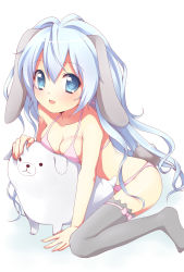 Rule 34 | 1girl, :o, animal ears, arm support, bad id, bad pixiv id, blue eyes, blue hair, bra, breasts, cleavage, highres, lingerie, long hair, looking at viewer, matching hair/eyes, original, panties, rabbit ears, rabbit tail, sitting, solo, stuffed animal, stuffed toy, tail, thighhighs, underwear, underwear only, usashiro mani, very long hair, wariza