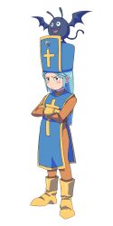 Rule 34 | 1girl, absurdres, blue hair, blue hat, blush, bodysuit, boots, closed mouth, creature, cross, crossed arms, dracky, dragon quest, dragon quest iii, full body, gloves, hat, highres, light blue hair, long hair, mitre, no nose, on head, orange bodysuit, powerhamuhamu, priest (dq3), red eyes, simple background, solo, standing, straight hair, tabard, unamused, v-shaped eyebrows, white background, yellow footwear, yellow gloves