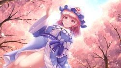 Rule 34 | 1girl, :d, blue hat, blue kimono, blush, center frills, cherry blossoms, commentary request, dutch angle, frilled kimono, frills, hat, highres, japanese clothes, kimono, long sleeves, lzh, medium hair, mob cap, open mouth, petals, pink eyes, pink hair, saigyouji yuyuko, sash, smile, solo, thig, touhou, tree, triangular headpiece, wide sleeves