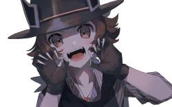 Rule 34 | 1boy, black hat, black scarf, blush, brown eyes, brown hair, claw pose, commentary, creatures (company), game freak, gloves, grey shirt, hat, head tilt, highres, hilbert (fall 2020) (pokemon), hilbert (pokemon), jewelry, looking at viewer, male focus, moji (ld ipx), necklace, nintendo, official alternate costume, open mouth, pokemon, pokemon masters ex, scarf, shirt, short hair, solo, striped clothes, striped shirt, symbol-only commentary, teeth, tongue, upper body, vertical-striped clothes, vertical-striped shirt